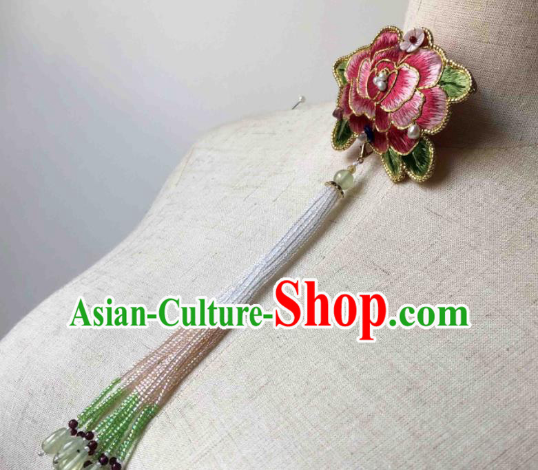 Handmade China Classical Qipao Beads Tassel Brooch Accessories Embroidered Pink Peony Breastpin