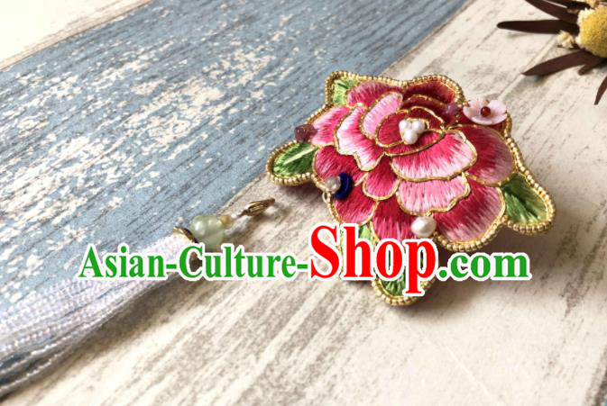 Handmade China Classical Qipao Beads Tassel Brooch Accessories Embroidered Pink Peony Breastpin