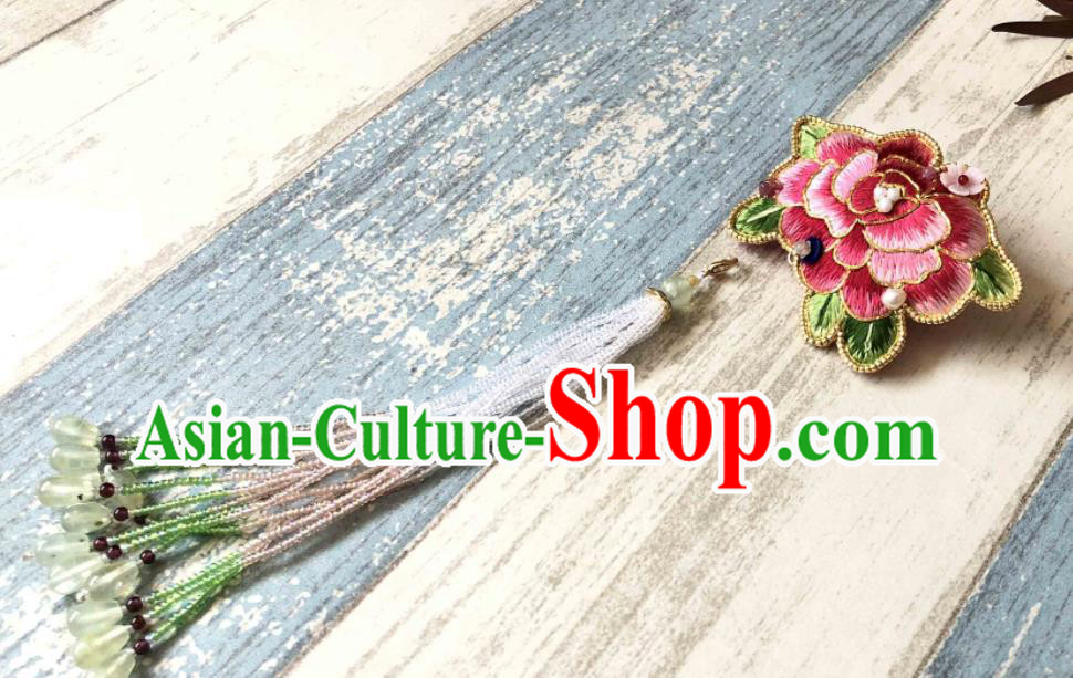 Handmade China Classical Qipao Beads Tassel Brooch Accessories Embroidered Pink Peony Breastpin