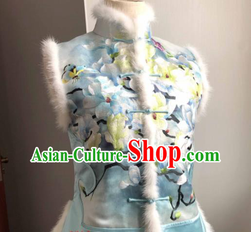 Chinese Traditional Tang Suit Upper Outer Garment National Woman Blue Silk Vest Suzhou Embroidered Mangnolia Waistcoat
