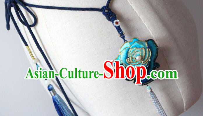 Handmade China Suzhou Embroidered Blue Rosy Belt Pendant Classical Hanfu Waist Accessories