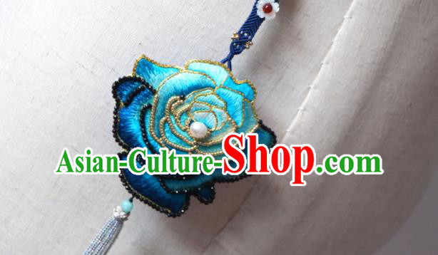 Handmade China Suzhou Embroidered Blue Rosy Belt Pendant Classical Hanfu Waist Accessories