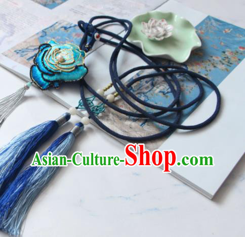 Handmade China Suzhou Embroidered Blue Rosy Belt Pendant Classical Hanfu Waist Accessories