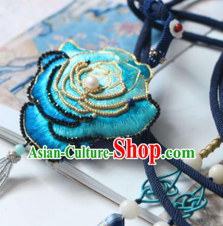 Handmade China Suzhou Embroidered Blue Rosy Belt Pendant Classical Hanfu Waist Accessories