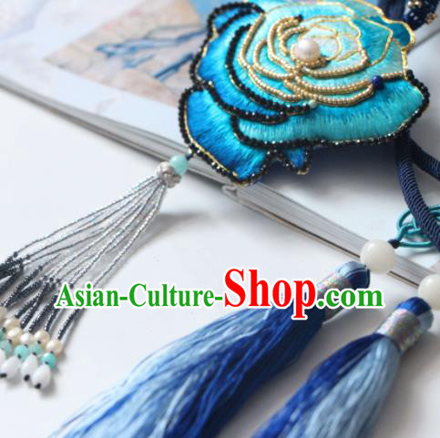 Handmade China Suzhou Embroidered Blue Rosy Belt Pendant Classical Hanfu Waist Accessories
