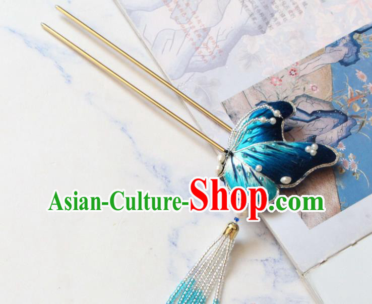 Handmade China Classical Hanfu Hair Accessories Suzhou Embroidered Blue Butterfly Hairpin