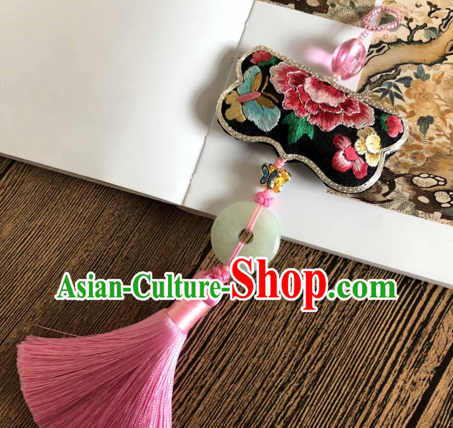 Handmade China Suzhou Embroidered Peony Black Belt Pendant Classical Hanfu Brooch Accessories