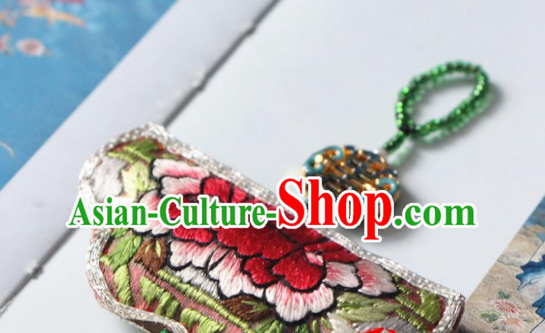 Handmade China Classical Hanfu Green Tassel Brooch Accessories Suzhou Embroidered Peony Belt Pendant