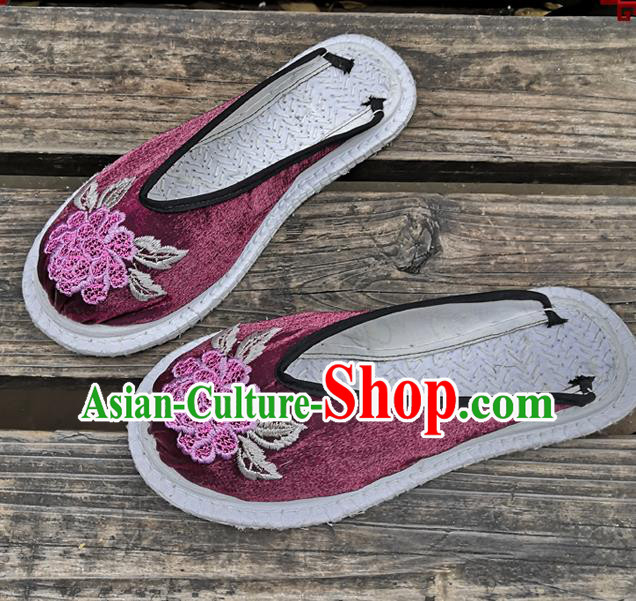 Chinese National Shoes Handmade Embroidery Purple Satin Shoes Woman Slippers