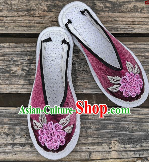 Chinese National Shoes Handmade Embroidery Purple Satin Shoes Woman Slippers