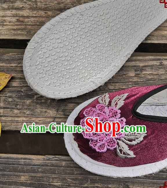 Chinese National Shoes Handmade Embroidery Purple Satin Shoes Woman Slippers