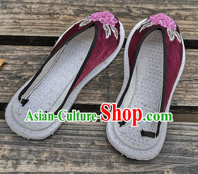 Chinese National Shoes Handmade Embroidery Purple Satin Shoes Woman Slippers