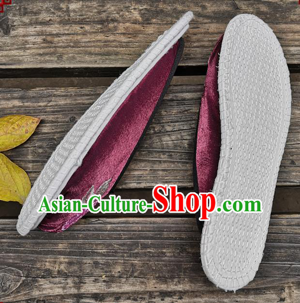 Chinese National Shoes Handmade Embroidery Purple Satin Shoes Woman Slippers