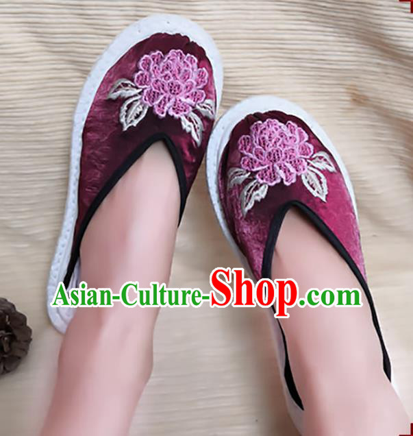 Chinese National Shoes Handmade Embroidery Purple Satin Shoes Woman Slippers