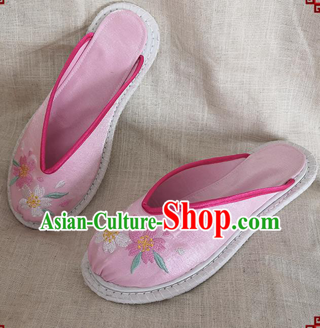 Chinese Handmade Embroidery Sakura Pink Satin Shoes Woman Slippers National Shoes