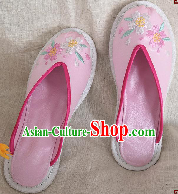 Chinese Handmade Embroidery Sakura Pink Satin Shoes Woman Slippers National Shoes