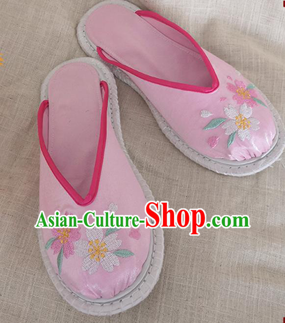 Chinese Handmade Embroidery Sakura Pink Satin Shoes Woman Slippers National Shoes