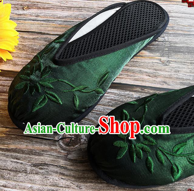 Chinese Woman Slippers National Female Shoes Handmade Embroidery Deep Green Satin Shoes