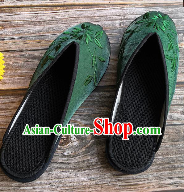 Chinese Woman Slippers National Female Shoes Handmade Embroidery Deep Green Satin Shoes