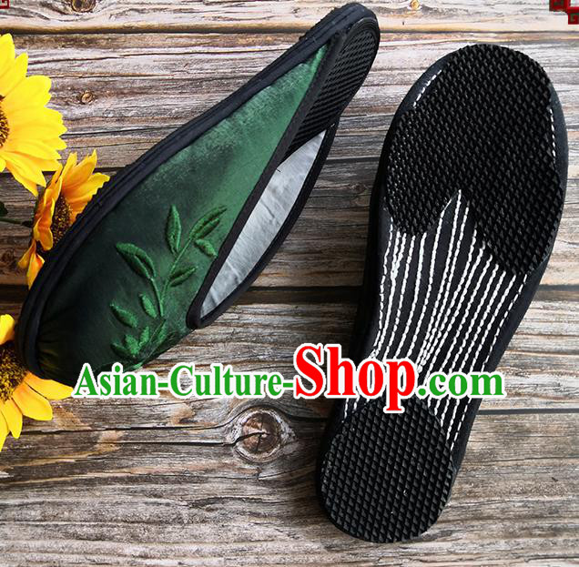 Chinese Woman Slippers National Female Shoes Handmade Embroidery Deep Green Satin Shoes