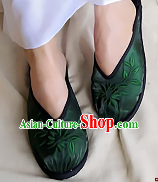 Chinese Woman Slippers National Female Shoes Handmade Embroidery Deep Green Satin Shoes