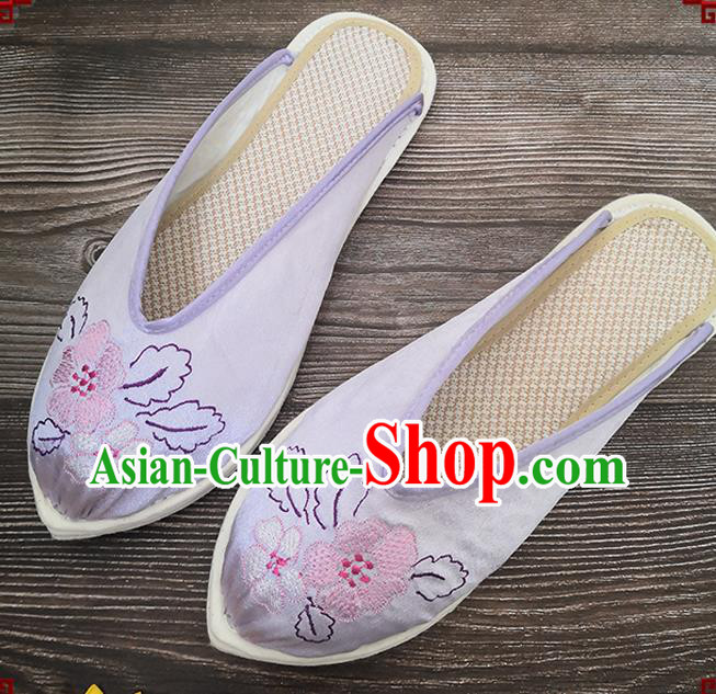 Chinese Handmade Embroidery Lilac Satin Shoes Woman Slippers National Strong Cloth Shoes