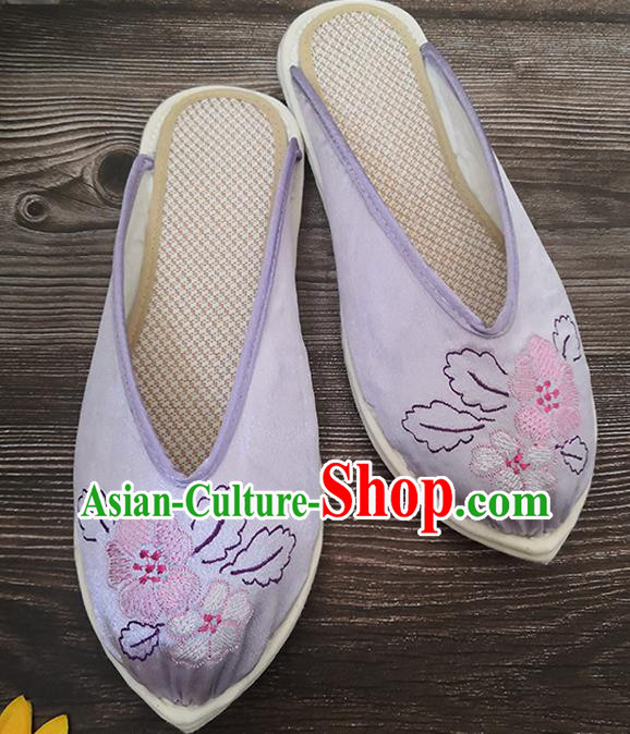 Chinese Handmade Embroidery Lilac Satin Shoes Woman Slippers National Strong Cloth Shoes