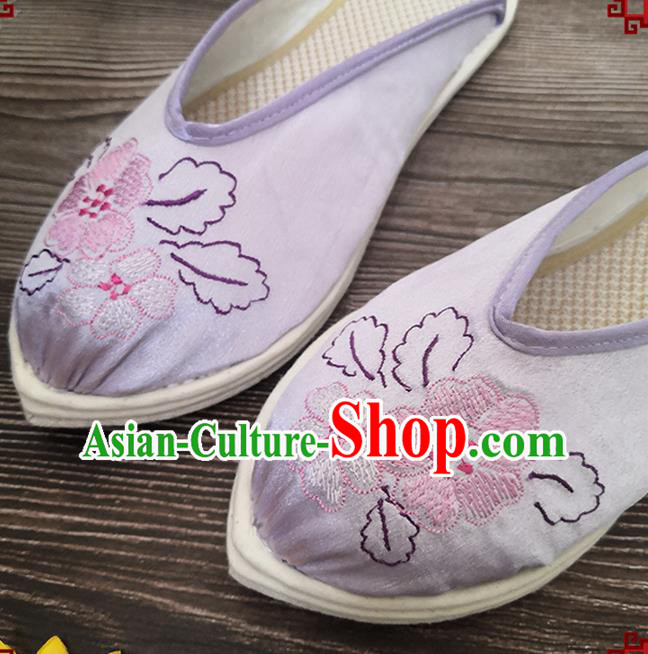 Chinese Handmade Embroidery Lilac Satin Shoes Woman Slippers National Strong Cloth Shoes
