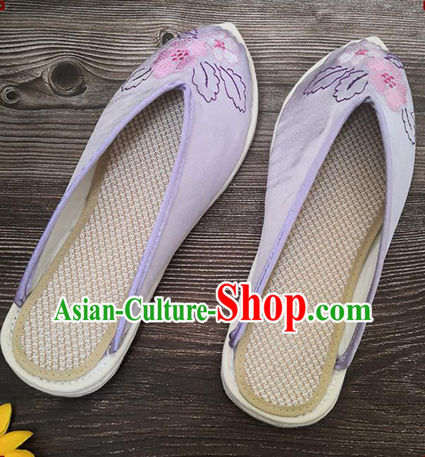 Chinese Handmade Embroidery Lilac Satin Shoes Woman Slippers National Strong Cloth Shoes