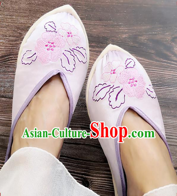 Chinese Handmade Embroidery Lilac Satin Shoes Woman Slippers National Strong Cloth Shoes