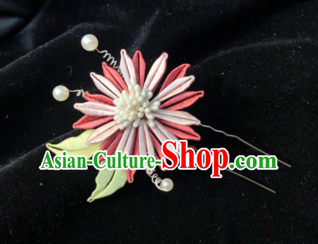 China Handmade Red Silk Chrysanthemum Hairpin Traditional Hanfu Hair Accessories Ancient Court Beauty Hair Stick