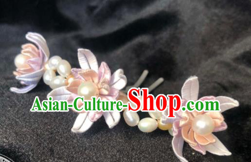 China Handmade Pearls Hairpin Traditional Hanfu Headpiece Ancient Princess Lilac Silk Flowers Hair Stick