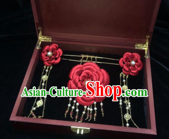 China Handmade Red Silk Peony Hairpin Traditional Hanfu Wedding Headpieces Ancient Bride Hair Crown
