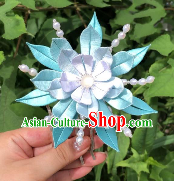 China Handmade Blue Silk Epiphyllum Hairpin Traditional Hanfu Headpieces Ancient Young Beauty Hair Comb