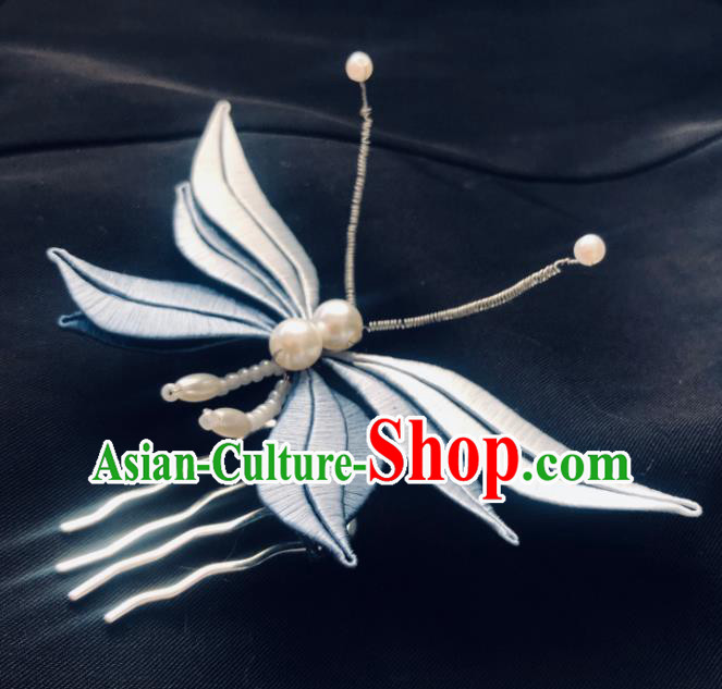 China Handmade Blue Silk Butterfly Hairpin Traditional Song Dynasty Hanfu Hair Accessories Ancient Court Lady Hair Comb