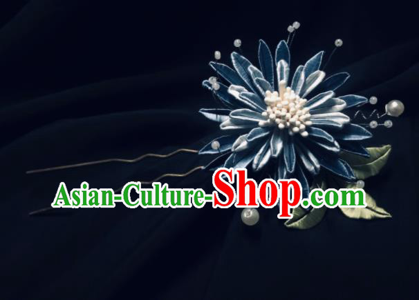 China Handmade Blue Silk Cornflower Hairpin Traditional Ming Dynasty Hanfu Hair Accessories Ancient Rich Mistress Hair Stick