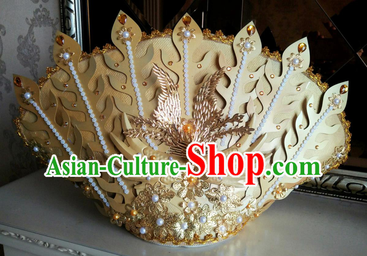 China Cosplay Empress Golden Phoenix Hair Crown Cheongsam Show Pearls Hair Accessories Catwalks Performance Deluxe Headwear