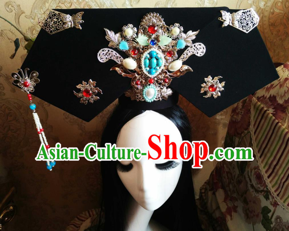 China Ancient Imperial Consort Zhen Huan Great Wing Hat Handmade Qing Dynasty Court Woman Hair Crown Traditional Empresses in the Palace Headwear