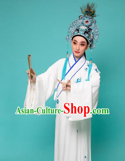 China Traditional Yue Opera Young Male Garment Peking Opera Scholar White Robe Costume Beijing Opera Xiaosheng Clothing