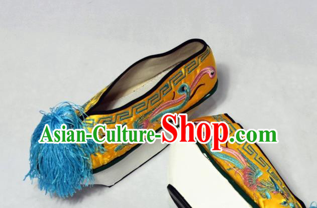 China Traditional Peking Opera Empress Boots Peking Opera Queen Yellow Embroidered Shoes Opera Actress Satin Shoes
