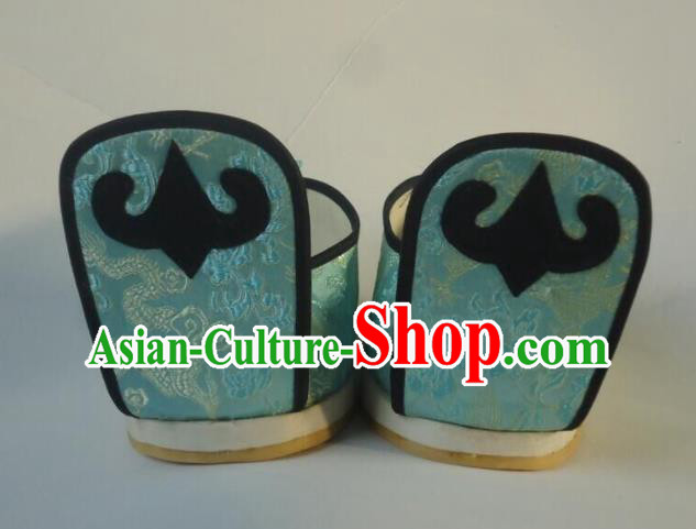 China Opera Actress Blue Satin Shoes Traditional Peking Opera Hua Tan Shoes Peking Opera Diva Embroidered Shoes