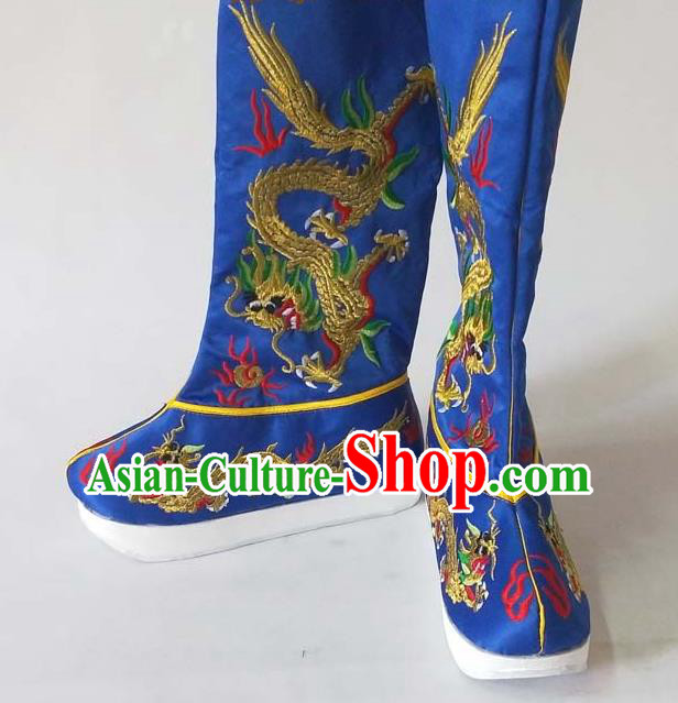 China Traditional Peking Opera Emperor Shoes Beijing Opera Embroidered Dragon Shoes Sichuan Opera Royalblue Satin Boots