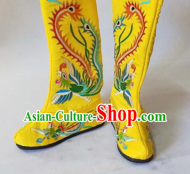 China Traditional Peking Opera Blues Shoes Beijing Opera Female General Embroidered Phoenix Shoes Sichuan Opera Changing Face Yellow Boots