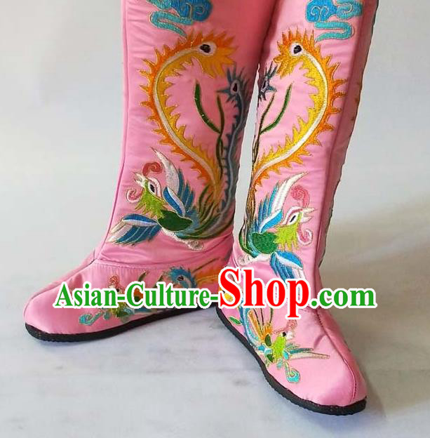 China Sichuan Opera Changing Face Pink Boots Traditional Peking Opera Blues Shoes Beijing Opera Female General Embroidered Phoenix Shoes
