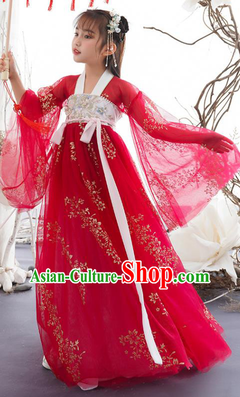 China Ancient Girl Princess Fashion Costumes Traditional Tang Dynasty Clothing Children Dance Red Hanfu Dress