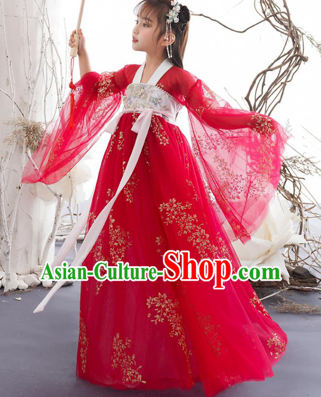 China Ancient Girl Princess Fashion Costumes Traditional Tang Dynasty Clothing Children Dance Red Hanfu Dress