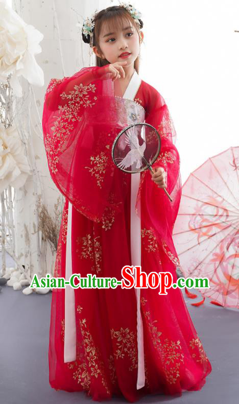 China Ancient Girl Princess Fashion Costumes Traditional Tang Dynasty Clothing Children Dance Red Hanfu Dress