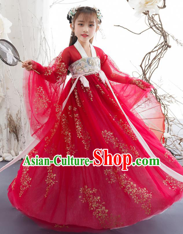 China Ancient Girl Princess Fashion Costumes Traditional Tang Dynasty Clothing Children Dance Red Hanfu Dress