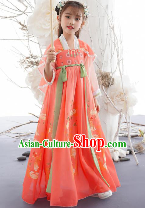 China Traditional Tang Dynasty Girls Clothing Children Dance Printing Fish Pink Hanfu Dress Ancient Princess Fashion Costumes