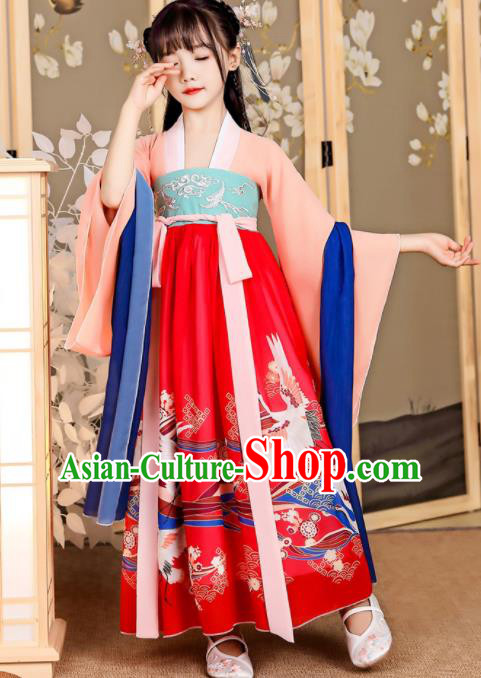 China Traditional Printing Cranes Red Hanfu Dress Tang Dynasty Girl Princess Clothing Children Stage Show Garment Costumes
